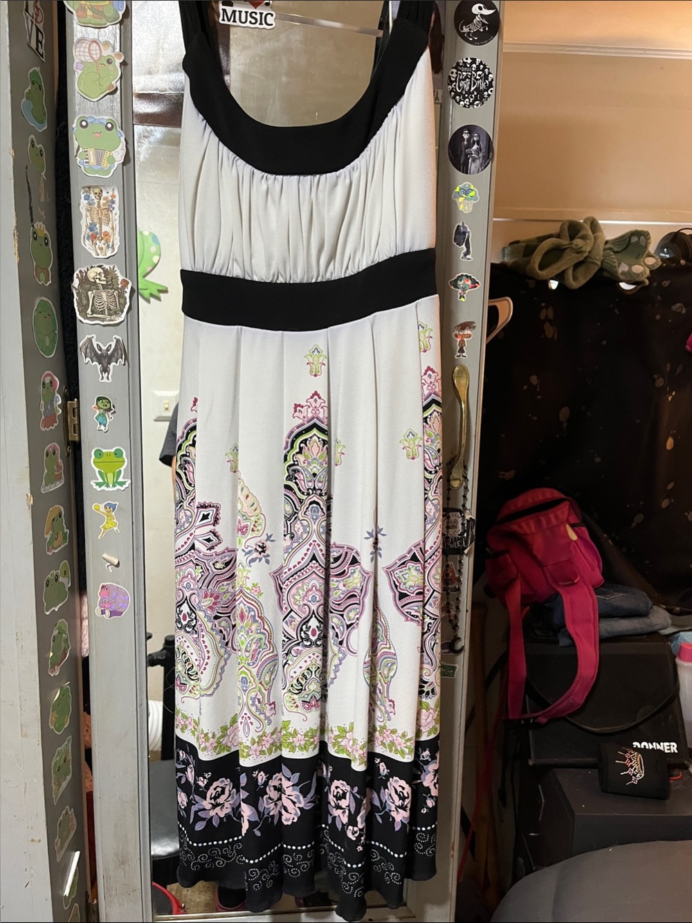 Trixxi White Maxi Dress with Black Trim and Pink Paisley